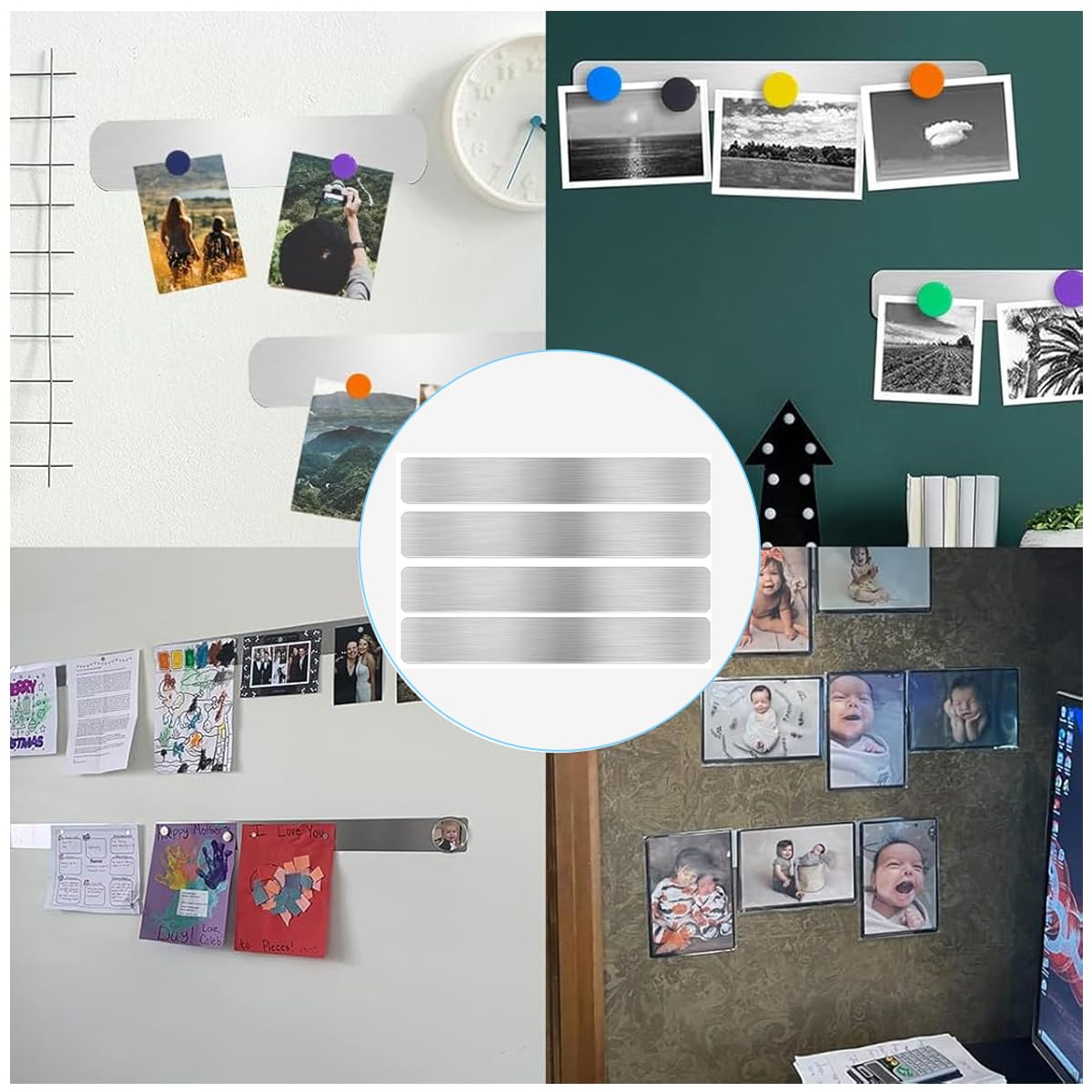 Climberty 4 Pack Magnetic Stainless Memo Board Strip Message Board with 16 Pcs Color Magnets, Adhesive Backing Bulletin Bar Board for Office, Home, Photo Wall, Documents and Fridge (Silver) Climberty 4 Pack Magnetic Stainless Memo Board Strip Message Board with 16 Pcs Color Magnets, Adhesive Backing Bulletin Bar Board for Office, Home, Photo Wall, Documents and Fridge (Silver)